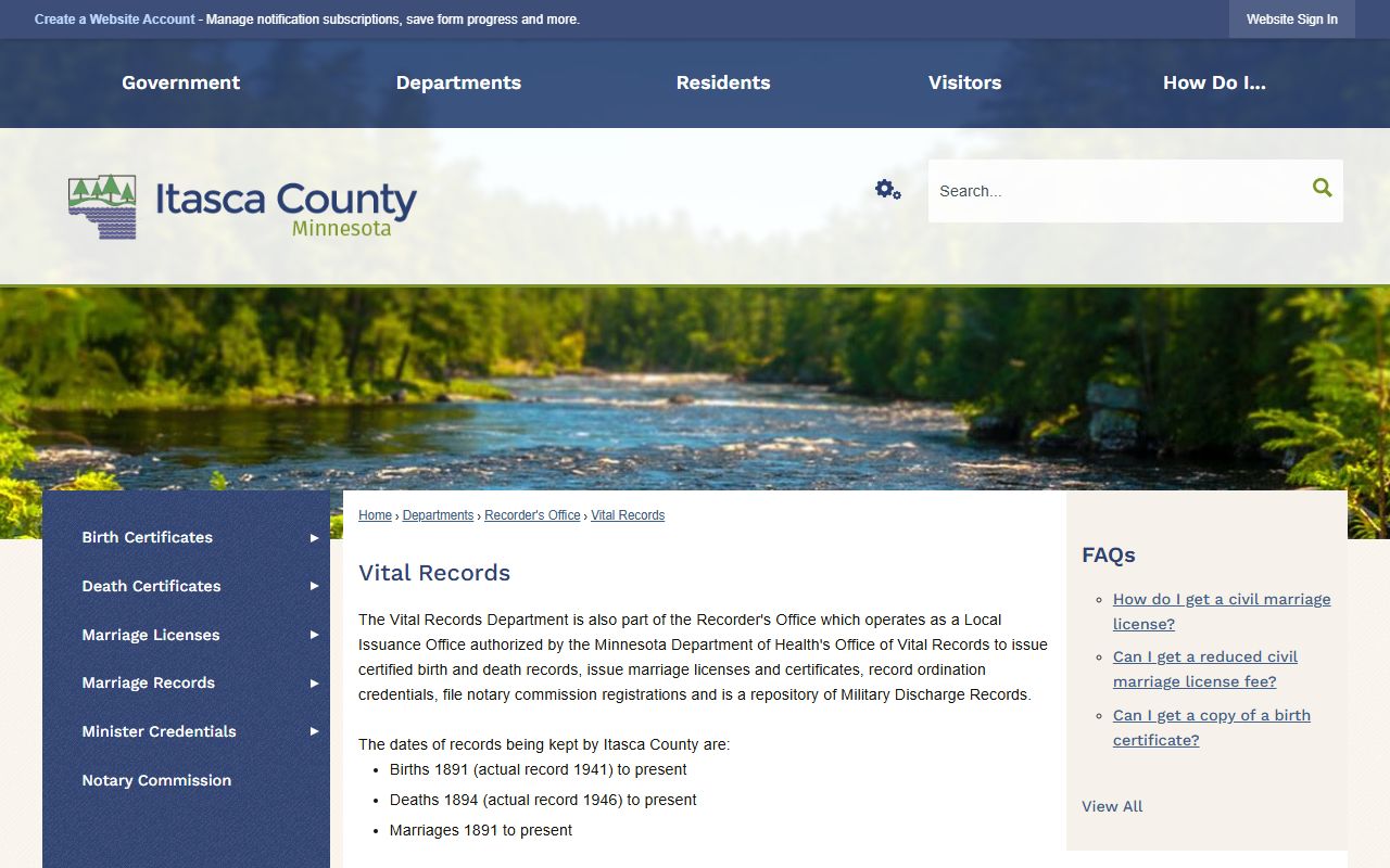 Itasca County Vital Records page for non-court records