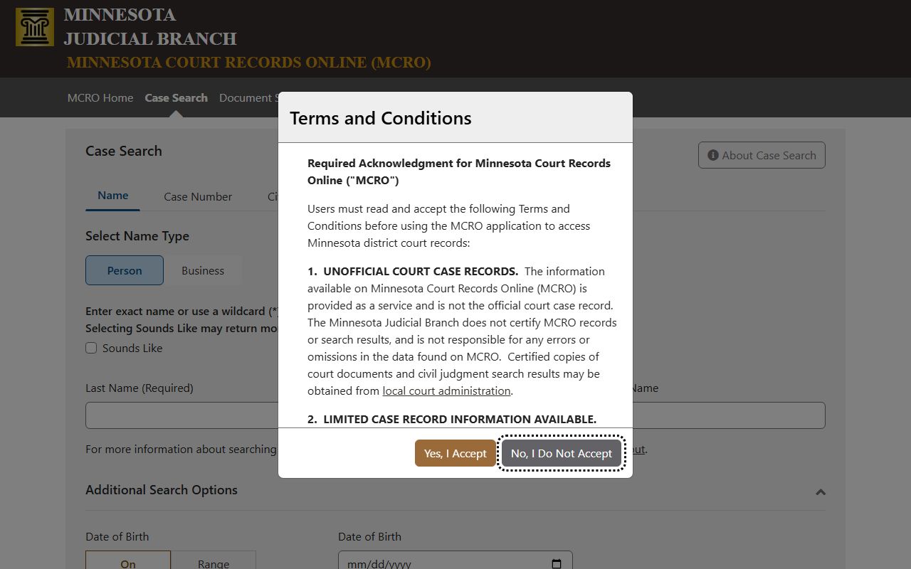 Itasca County court records MCRO case search screen