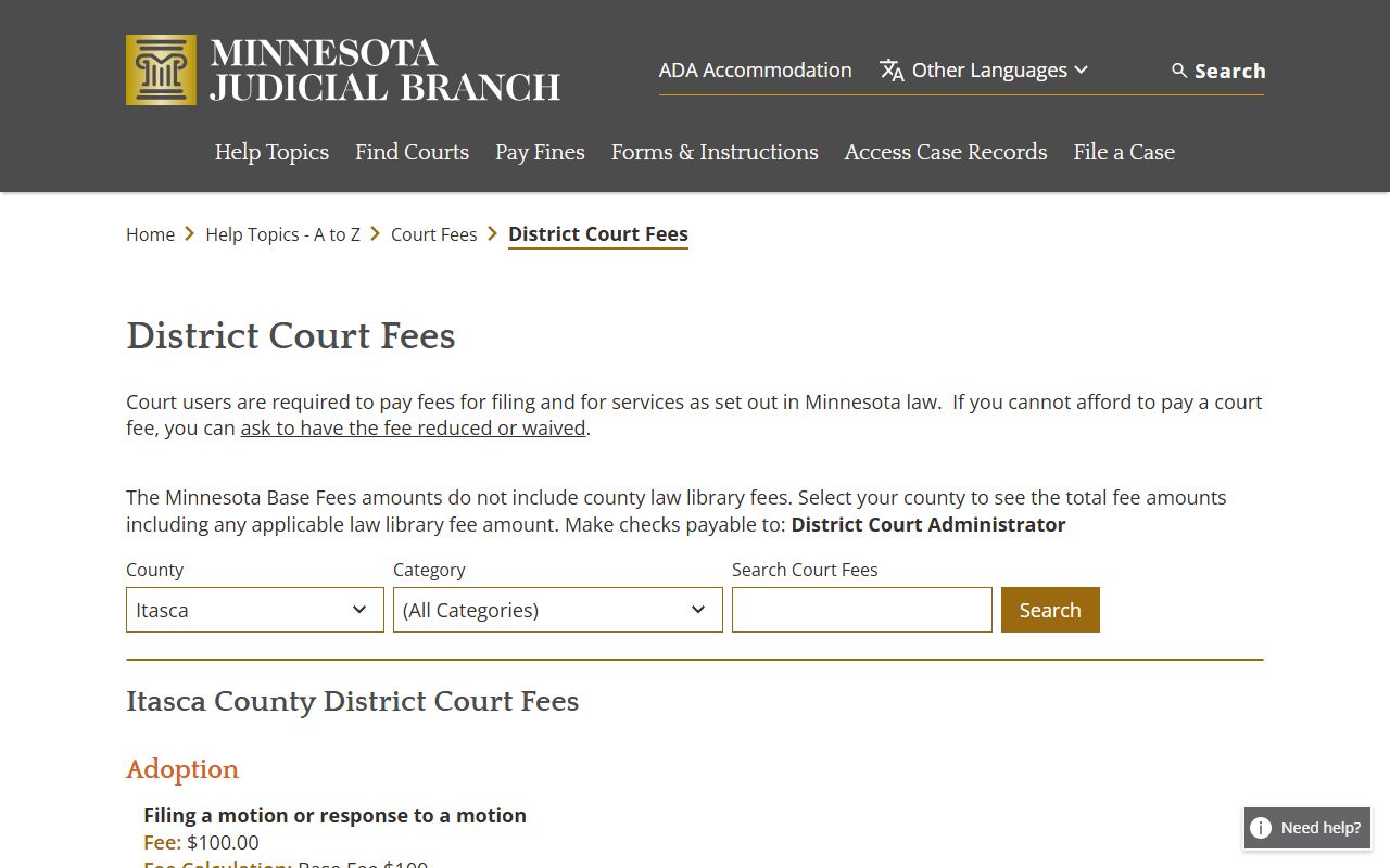 Itasca County court records District Court fee schedule