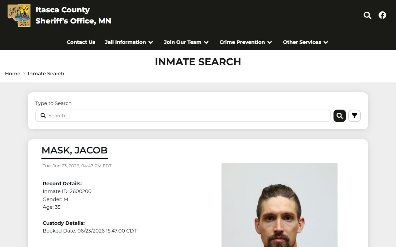 Itasca County inmate records roster search screen